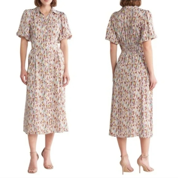 MELLODAY Dresses & Skirts - MELLODAY Puff Sleeve Satin Shirtdress Small Maxi Dress Button Down Purple Green